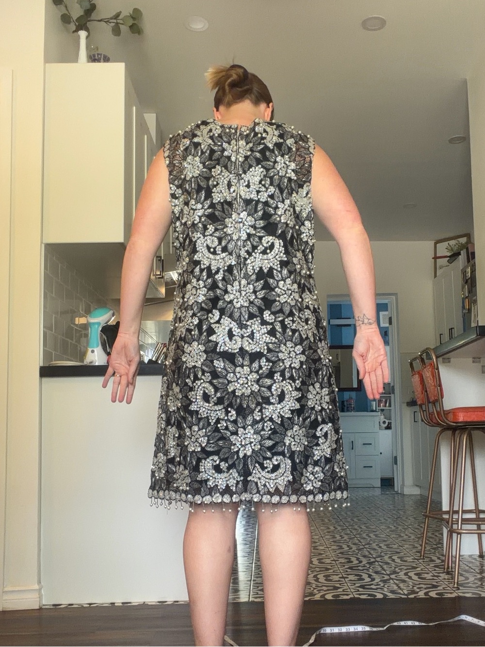 Vintage 60s Embellished Black Floral Beaded and pearls Shift Dress with slip - Picture 12 of 17